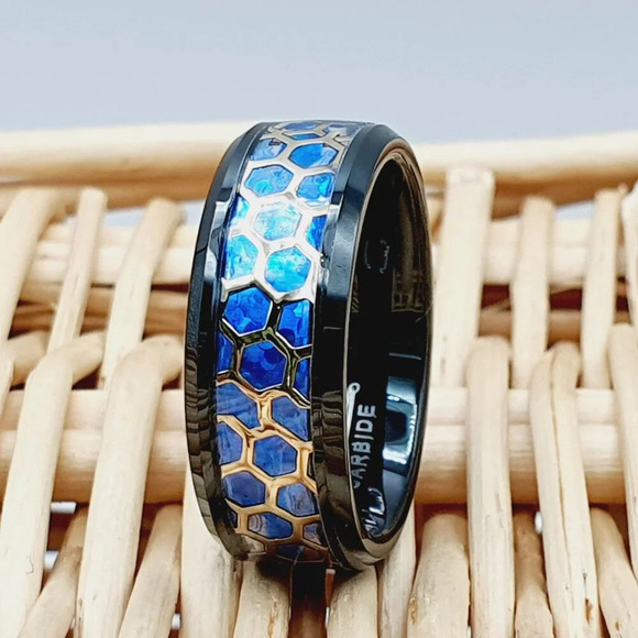 "Honeycomb Pattern Blue Opal Inlay Tungsten Wedding Ring, GALTUN944